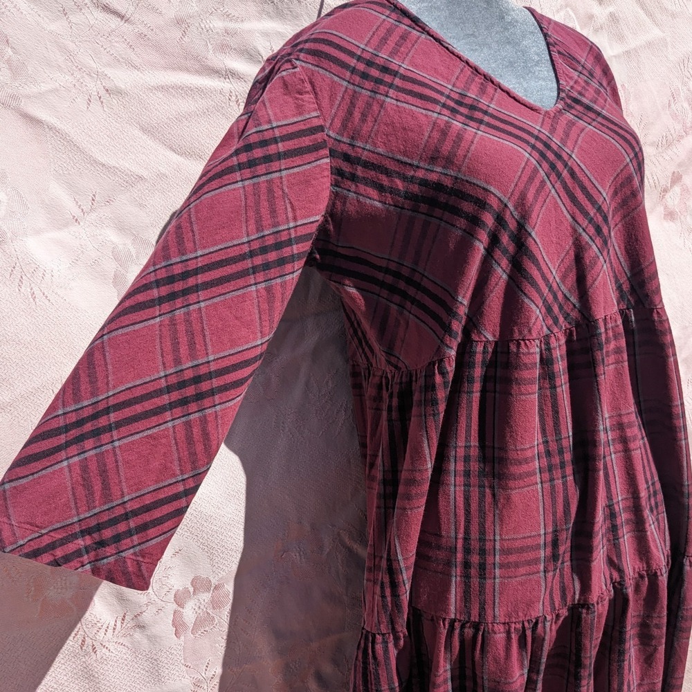 Vermont Country Store Dress M Plaid Tiered Cotton Midi Cottagecore Modest V Neck - Picture 10 of 16